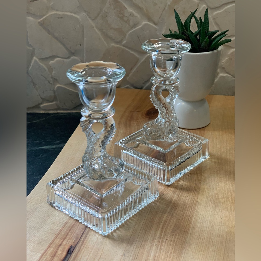 IMPERIAL GLASS |  Set of 2 | Vintage Koi Themed Glass Candle Holders